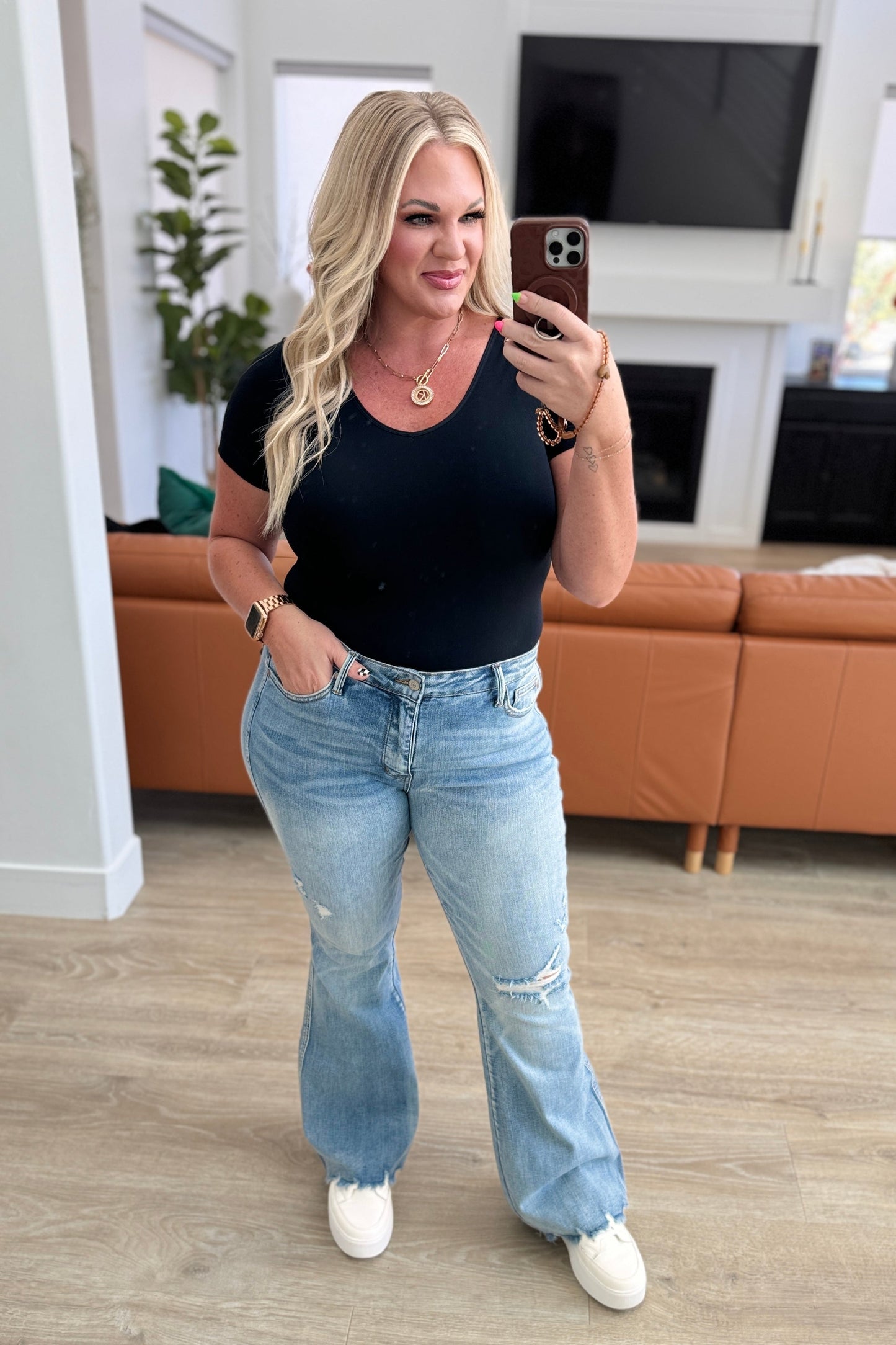 Judy Blue: Caroline Mid Rise Control Top Distressed Flare Jeans