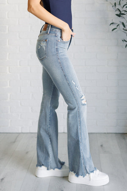 Judy Blue: Caroline Mid Rise Control Top Distressed Flare Jeans