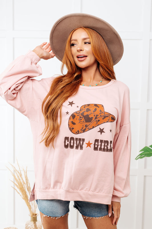 Cow Girl Graphic Pullover in Dusty Pink