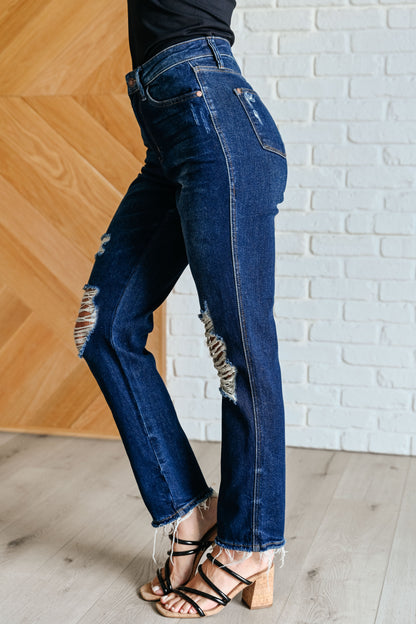 Judy Blue: Montana High Rise Rigid Magic Distressed Straight Jeans