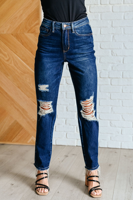 Judy Blue: Montana High Rise Rigid Magic Distressed Straight Jeans